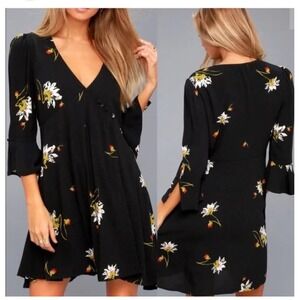 Free People French Quarter Floral Mini Dress Black Bell Sleeve Large